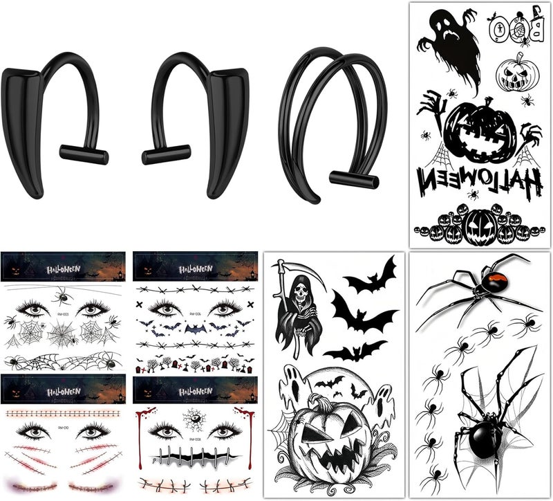BodyAce Halloween Fake Piercings Lip Rings, Vampire Teeth Lip Cuff Double Hoop Nose Rings, Goth Cyberpunk Face Lip Jewelry With Fake Tattoos Sticker - Image 1